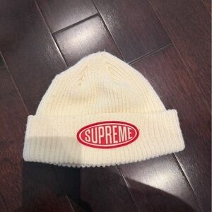 Supreme Cream Ribbed Fold-Over Beanie with Red Oval Logo